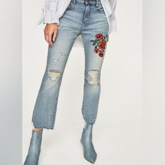 Zara‎ Embroidered Jeans 00 Floral Flare Distressed Bohemian - Picture 1 of 15